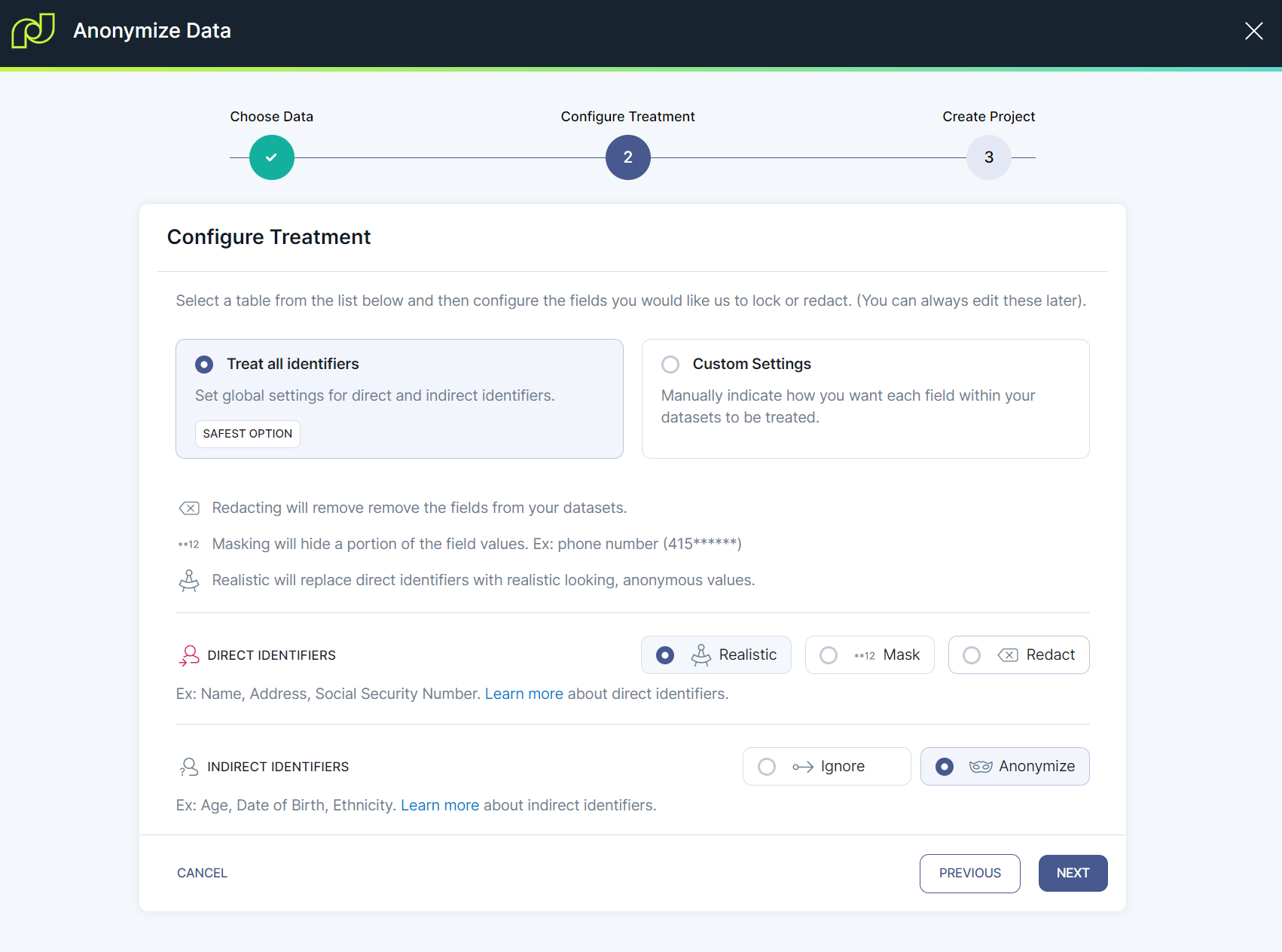 Modal window showing configuration options for treating data